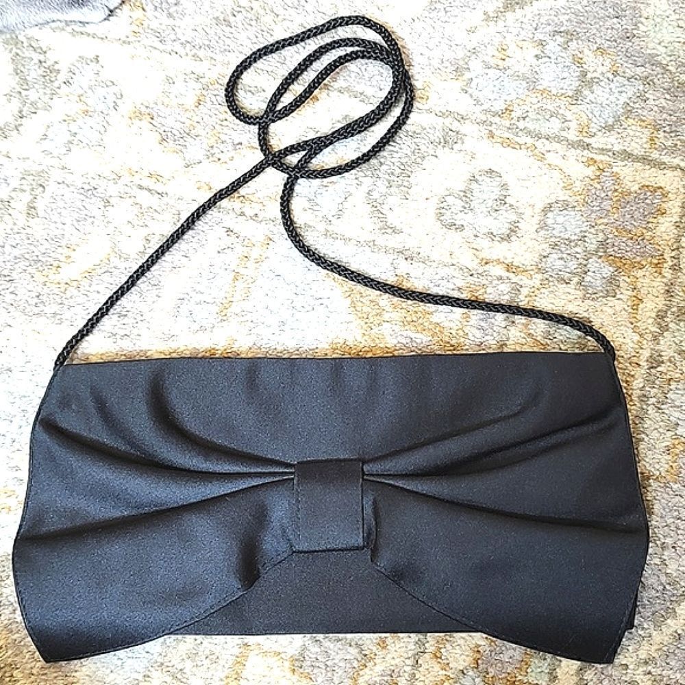 Black Satin Bow Evening Shoulder Bag LaRegale Special Occasion Formal Clutch